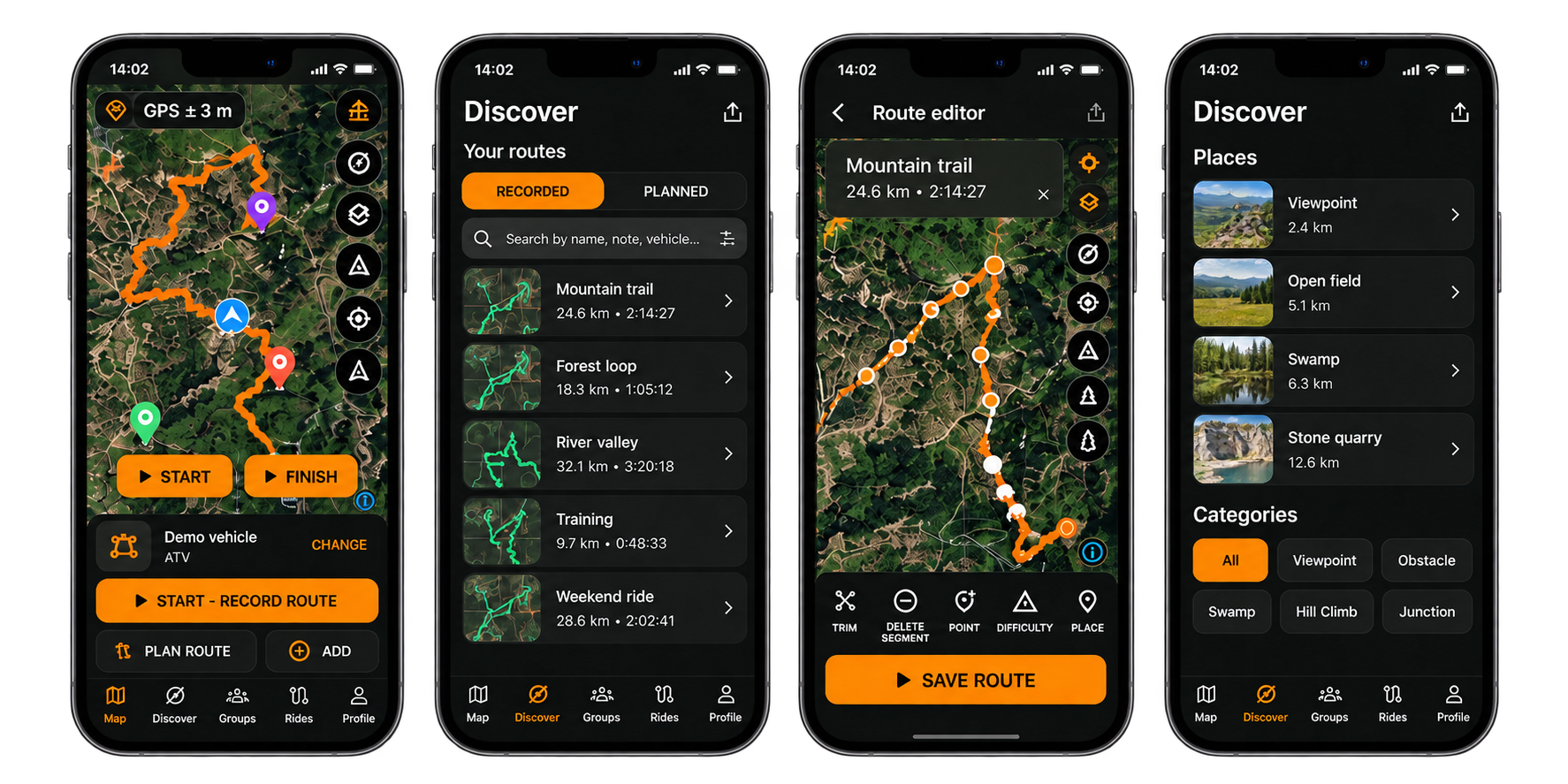 Concept preview adapted from the supplied reference: four demo screens for Map, Rides, Planner and Places. These are design previews, not current app screenshots.